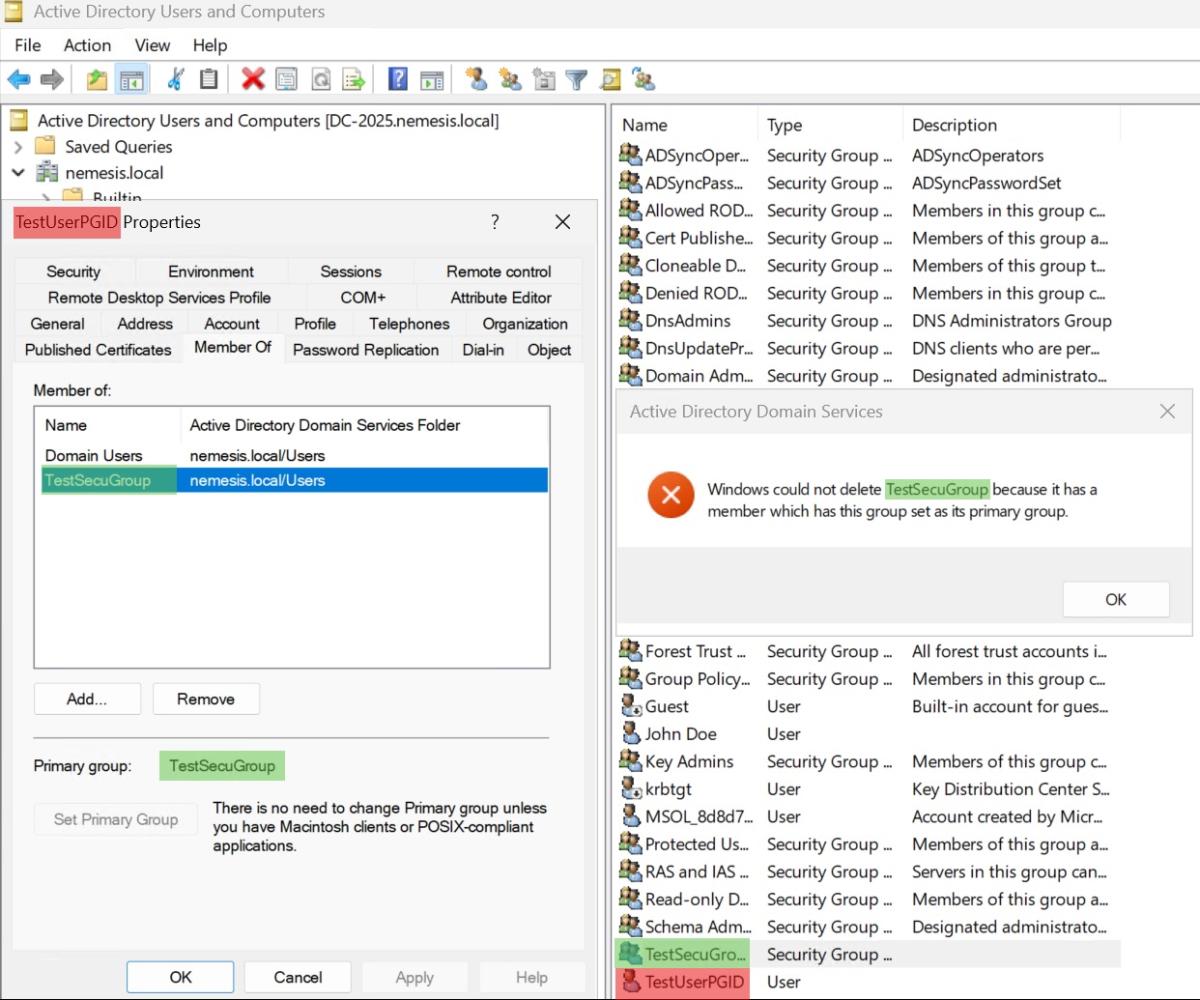 ADUC error message demonstrating that a security group cannot be deleted because it is currently assigned as the Primary Group for a user (TestUserPGID)